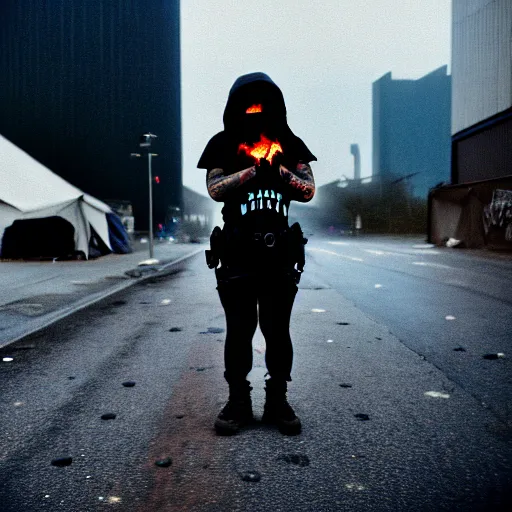 Image similar to Cinestill 50d candid extreme wide shot of a poor techwear mixed woman wearing makeup crying outside of a futuristic city on fire, cyberpunk, tattoos, homeless tents on the side of the road, military police, extreme long shot, desaturated, full shot, action shot, blurry, 4k, 8k, hd, full color