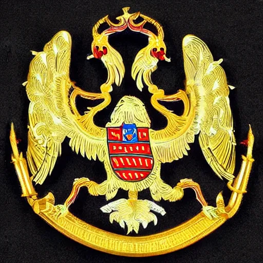 Image similar to serbian two-headed eagle symmetrical symbol, in style of fantastic heraldry, in style of Midjourney, highly detailed and intricate, golden ratio, stylized, elegant, ornate, majestic, elite