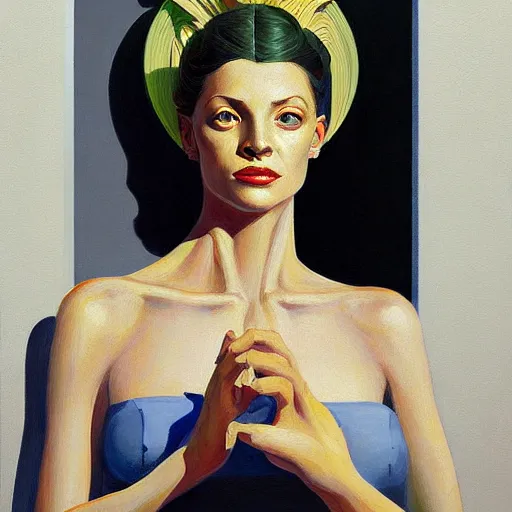 Prompt: Portrait of greek goddess wearing a business suit , very coherent, painted by Edward Hopper, Wayne Barlowe, painted by James Gilleard, airbrush, art by JamesJean