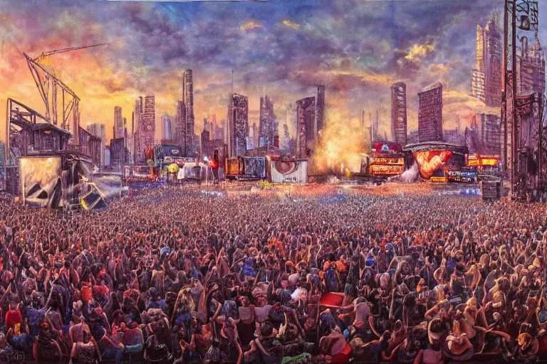 Image similar to 4 k hyper realistic oil painting of 1 9 8 0 s city at a music festival, huge stage and a big speaker array in the sky booming heavy metal music, a band of heavy metal playing on stage, detailed painting in the style of axel aabrink