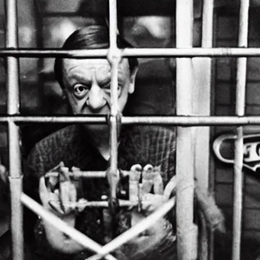 Image similar to mark e smith in a small cage in a pet shop window, his hands are up on the bars, the cage has a for sale tag, 4 k