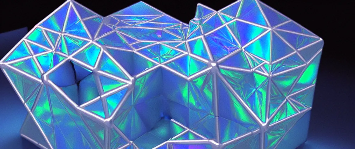 Image similar to hyperrealistic highly detailed Kepler's Platonic solid model sacred iridescent in motion escher dali matte painting dramatic blue lighting wide angle hd 8k sharp shallow depth of field