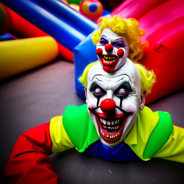 Prompt: scary clown in an endless corridor made of bouncy castle, highly detailed, 8 k, hdr, smooth, sharp focus, high resolution, award - winning photo