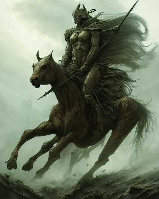 Image similar to concept art by artgerm, pestilence of the four horsemen of the apocalypse, soft green natural light, intricate, horse war, highly detailed dark art, digital painting, artstation, concept art, smooth, sharp focus, illustration, art by greg rutkowski and luis rollo and uang guangjian and gil elvgren, symmetry!