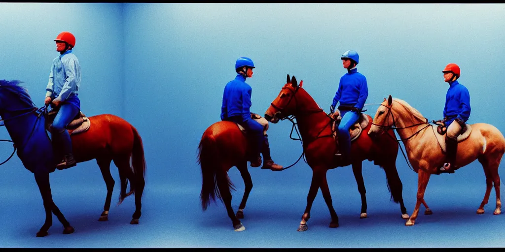 Image similar to color photograph men riding horses blue skin red light wide open vista 1 2 0 mm film highly detailed sharp zeiss lens 1. 8 high contrast chiaroscuro insane quality masterpiece detailed photograph by gottfried helnwein ryan mcginley robert mapplethorpe david armstrong david wojnarowicz