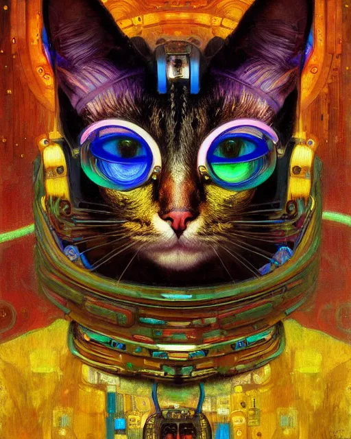 Image similar to cyberpunk cat portrait an oil painting splashes with many colors and shapes by gustav klimt greg rutkowski and alphonse mucha, polycount, generative art, psychedelic, fractalism, glitch art