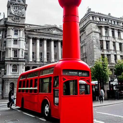 Image similar to a giant statue of a red plunger with a wooden shaft in the center of london. a london bus in the background.