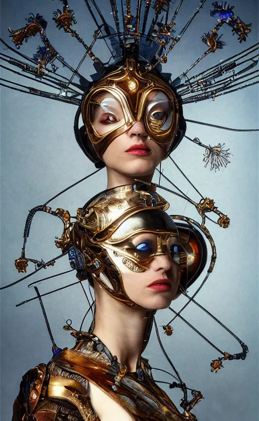 Image similar to the masked cyborg queen, elegant, fashion, vogue poses, striking composition, highly detailed ornate sci fi background, vivid details, amalgamation of nature and technology, wires, glowing tubes, beautiful composition, painting in the style of sandro botticelli, caravaggio, albrecth durer, 8k