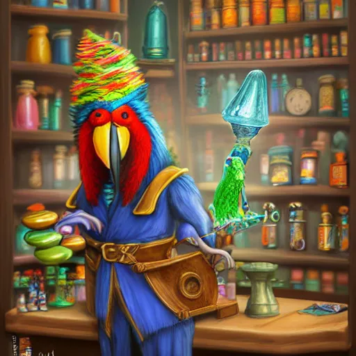 Image similar to Anthropomorphized parrot trader in his shop, shelves full, selling a gem, portrait, items, magic potions, carpet, window, fancy funny hat, sly expression , cunning expression, cute expression, presenting magic gem, D&D, fantasy, cinematic lighting, highly detailed, digital painting, artstation, concept art, smooth, sharp focus, illustration, warm light, cozy warm tint, magic the gathering artwork, volumetric lighting, 8k, no gold, no gold colours, art by Akihiko Yoshida, Greg Rutkowski