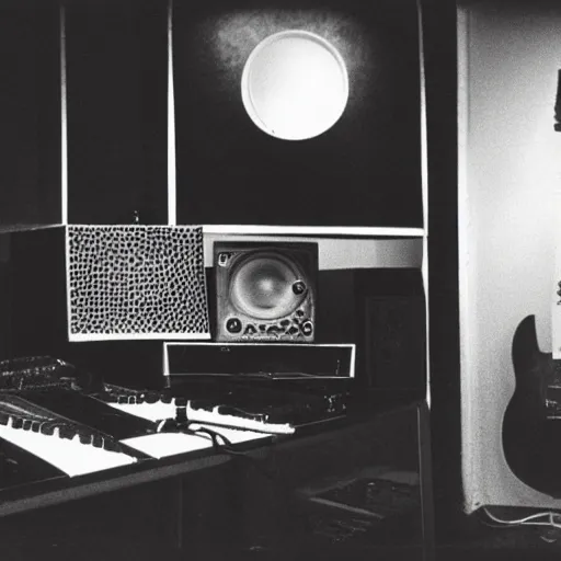 Prompt: 60s movie still of home music studio by Irving Penn, Cinestill 800t 35mm black and white, heavy grainy picture, very detailed, high quality, 4k, HD criterion, dramatic lightning, precise texture, gettyimages