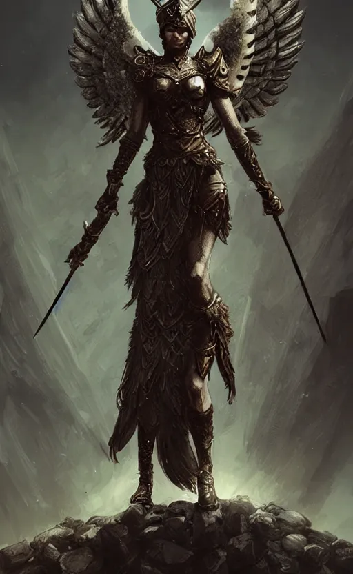 Image similar to valkyrie standing triumphantly atop a pile of bones, epic fantasy, insane details, illustration, artstation, intricate, sharp focus, elegant, concept art