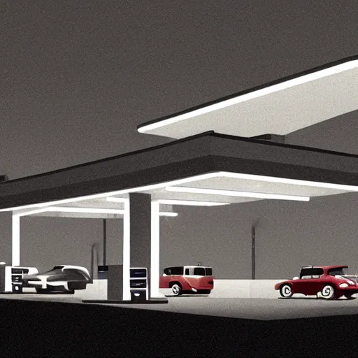 Image similar to a gas station at night by emiliano ponzi, george ault, featured on polycount, bauhaus, concept art, matte drawing, reimagined by industrial light and magic