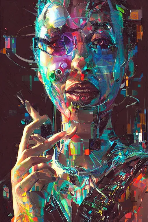 Image similar to portrait, headshot, digital painting, an delightfully mad techno - shaman lady, wink, synthwave, reaction diffusion, glitch, refraction, fracture, realistic, hyperdetailed, chiaroscuro, concept art, art by john berkey