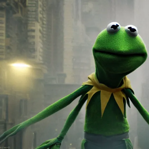 Prompt: a still of kermit the frog in inception, realistuc movie by cory loftis, fenghua zhong, ryohei hase, ismail inceoglu and ruan jia. volumetric light, detailed, octane render, horizon zero dawn