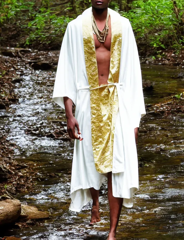 Image similar to longshot modern intricate textile ancient roman toga cloak nature african american walking along small creek river in the woods marc jacobs gucci white robes gold design