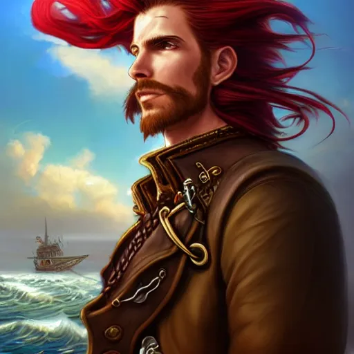 Image similar to male airship pirate with long flowing red hair, steampunk airship flying above the sea, D&D, handsome, side profile, fantasy, intricate, long hair, leather coat, gold earring, red hair, elegant, highly detailed, digital painting, artstation, concept art, smooth, sharp focus, illustration, art by artgerm and greg rutkowski and alphonse mucha