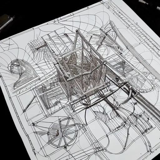 Image similar to A concept of a detailed and intricate design of a mechanical deconstructor 3d design, great finesse organic hyper detailed, engineering blueprints, technical drawings, calculus, stained paper