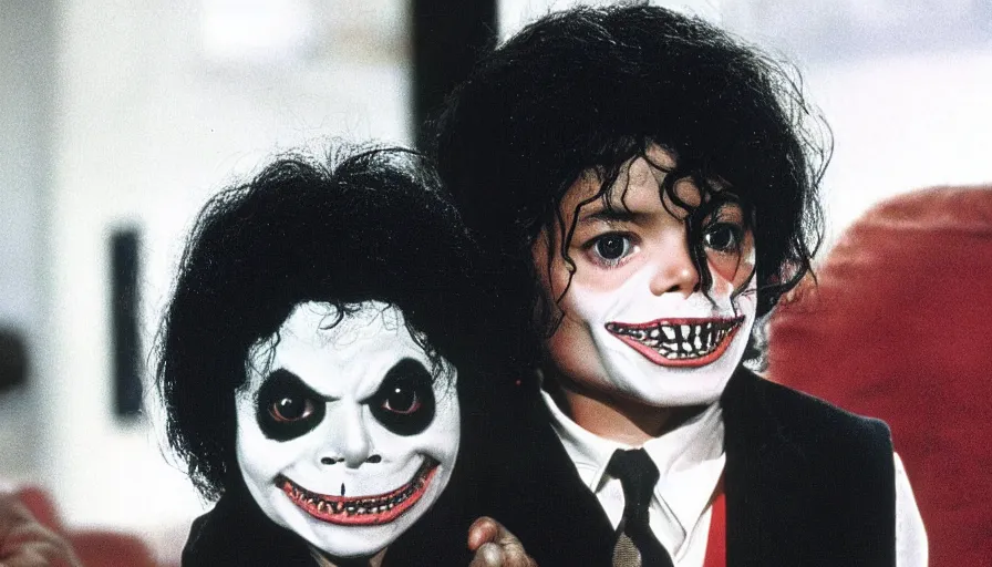 Image similar to a 1 9 8 0's horror movie where a little kid wears a michael jackson halloween mask