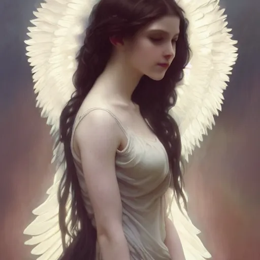 Image similar to Beautiful pale angelic goth girl with angel wings and devil\'s horns, masterpiece 4k digital illustration by Ruan Jia and Mandy Jurgens and Artgerm and william-adolphe bouguereau, highly detailed, trending on artstation, award winning,