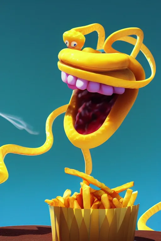 Prompt: a snake spitting fire and eating french fries in a mc donalds commercial, 4k sharp, 3d render , cinema4d by Beeple and pixar