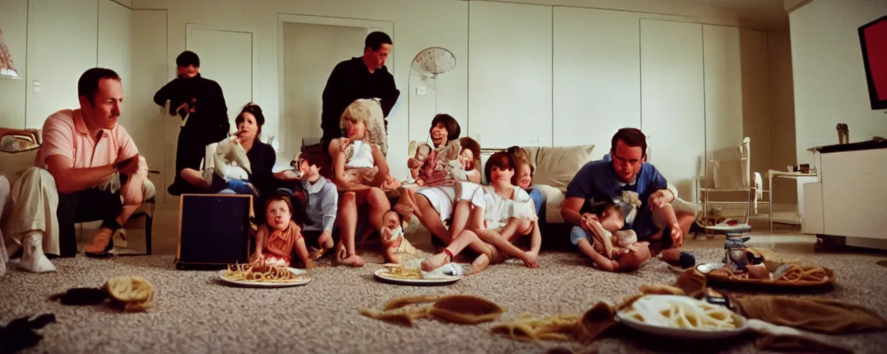 Prompt: a family watching the moon landing on tv, eating spaghetti, in the style of diane arbus, canon 5 0 mm, wes anderson film, kodachrome, retro