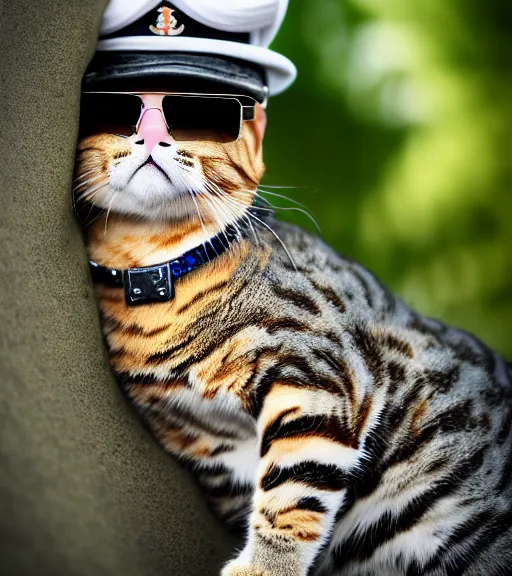 Image similar to award winning 5 5 mm portrait photo of an admiral cat in full military outfit and aviators, in a park by luis royo. soft light. sony a 7 r iv