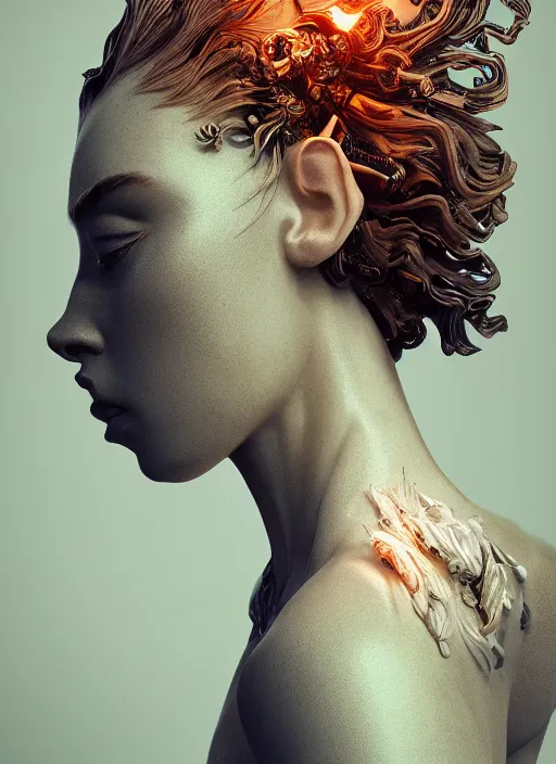 Image similar to beauteous sumptuous biomechanical incredible hair, crystalline masterpiece incrustations, hyperdetailed face, elegant pose, movie still, intricate, octane render, cinematic forest lighting, cgsociety, unreal engine, crepuscular rays, god rays