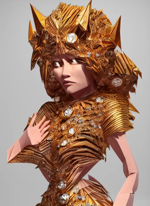 Image similar to a beautiful anthropomorphic lionness woman made out of ceramic and diamonds wearing a flowing salmon colored paper dress, a futuristic subway stop made out of origami, paper origami, many origami orchid flowers, heavenly light, 3 d, very detailed, octane render, trending artstation, artgem