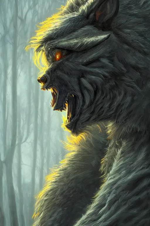 Prompt: ultra realist and ultra intricate detailed soft painting of a werewolf, from the waist up, symmetry features, glowing yellow eyes, sensual gloomy style, volumetric clouds, forest background, artstation, unreal render, depth of field