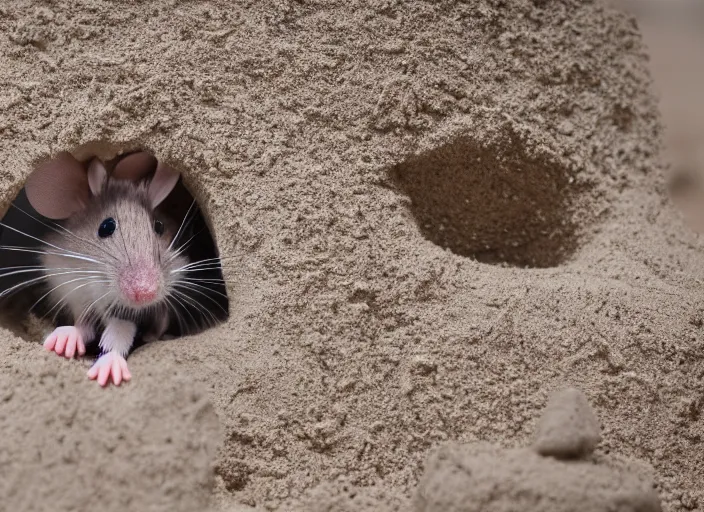 Image similar to dslr photo still of a mouse poking its head out of a sandcastle, 8 k, 8 5 mm f 1. 4