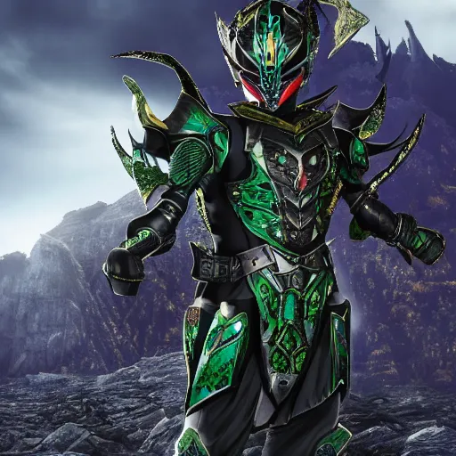 Prompt: High Fantasy Kamen Rider standing in a rock quarry, full body, 4k, glowing eyes, daytime, rubber suit, dark blue segmented armor, dragon inspired armor