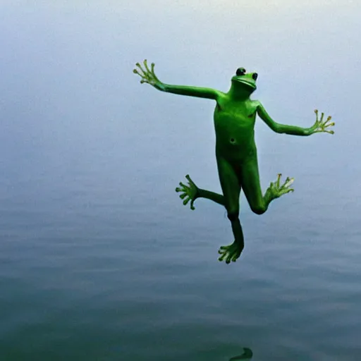 Prompt: semi translucent smiling frog amphibian floating over misty lake in Jesus Christ pose, cinematic shot by Andrei Tarkovsky, paranormal, spiritual, mystical