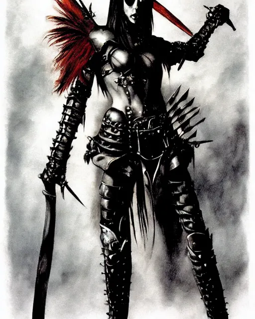 Image similar to portrait of a skinny punk goth warrior wearing armor by simon bisley, john blance, frank frazetta, fantasy, thief rogue