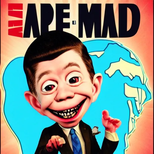 Prompt: Alfred E. Neuman in a new MaD magazine cover