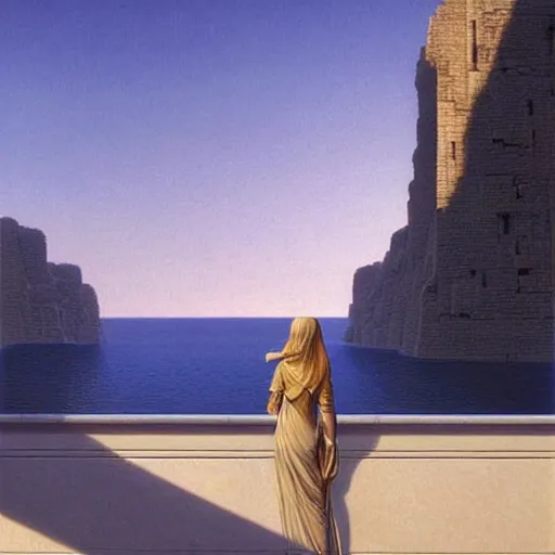 Prompt: David Ligare, scifi landscape, hyperrealistic surrealism, award winning masterpiece with incredible details, epic stunning, infinity pool, a surreal vaporwave liminal space, highly detailed, trending on ArtStation, artgerm and greg rutkowski and alphonse mucha, daily deviation, IAMAG, broken giant marble head statue ruins, golden hour