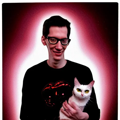 Prompt: portrait of neil cicierega holding his cat in the dark, red lighting, black background, their right eyes have lens flares