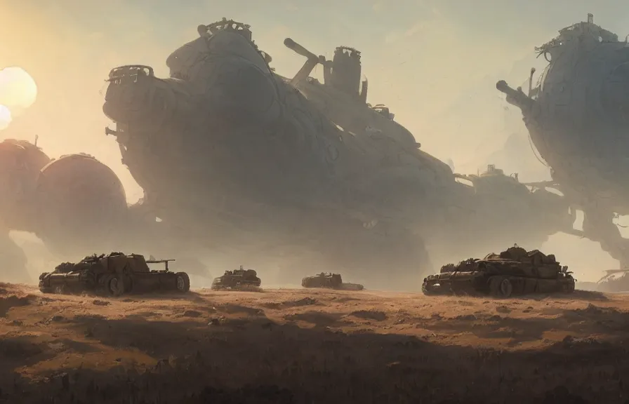 Image similar to concept art of a dusty field with ruined dieselpunk orcish tanks and smoking craters in the background, key visual, ambient lighting, highly detailed, digital painting, artstation, concept art, sharp focus, by makoto shinkai and akihiko yoshida and hidari and wlop