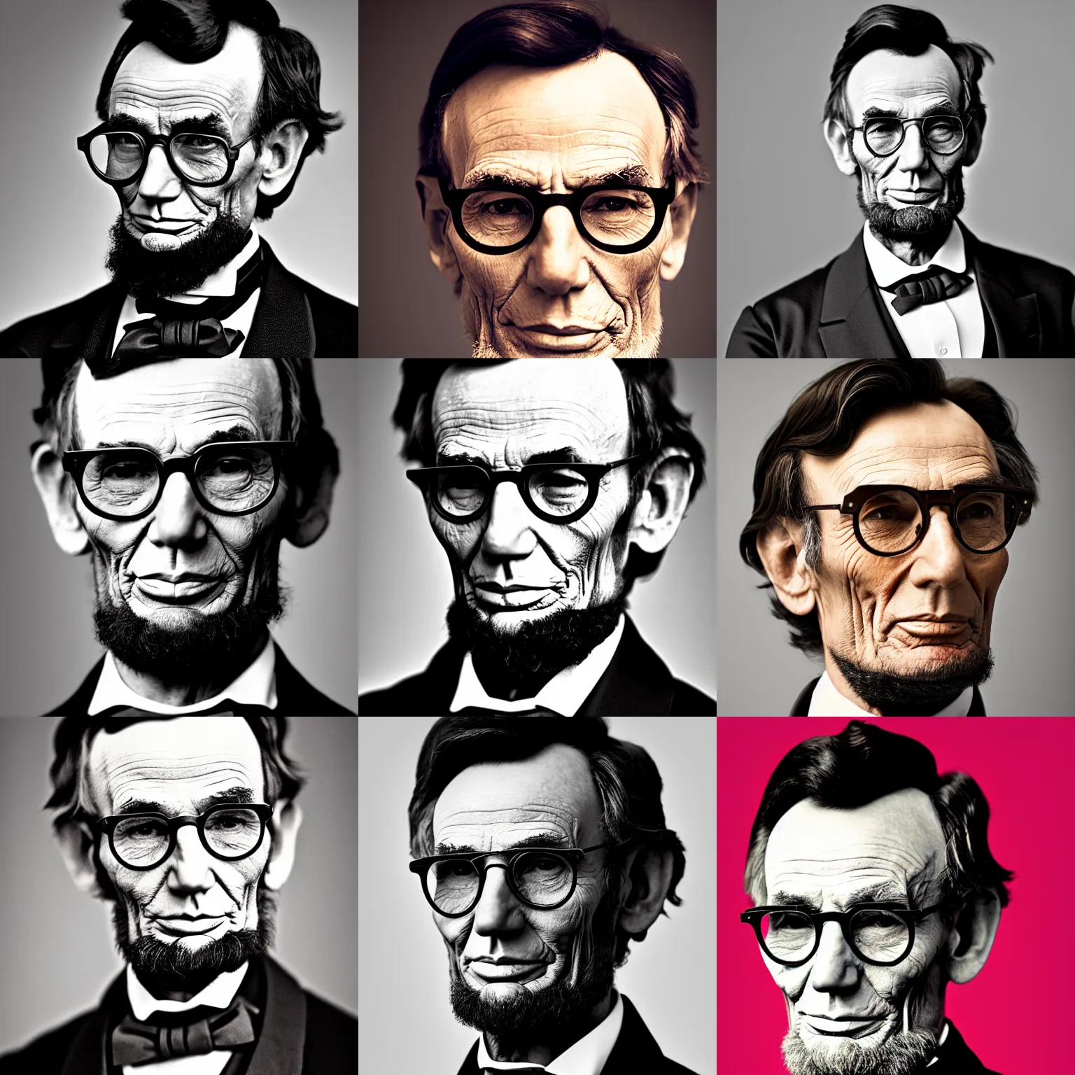 Prompt: Photo of Abraham Lincoln wearing Warby Parker glasses, soft studio lighting, photo taken by Martin Schoeller for Abercrombie and Fitch, award-winning photo, 24mm f/1.4