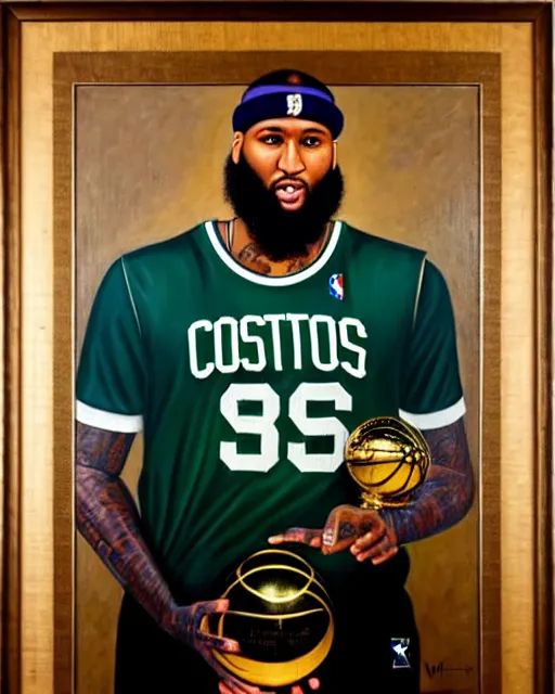 Image similar to portrait of demarcus cousins in boston celtics jersey, holding the larry o'brien trophy, oil on canvas by william sidney mount, champion, inspiring