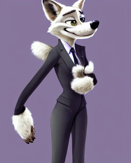 Image similar to digital painting full body of anthromorphic furry female wolf, in style of zootopia, female fursona, furry, furaffinity, 4 k, artstation furry, deviantart, furry art, fursona art, wearing black business suit, wearing black business suit, wolf fursona, female, very expressive detailed feminine face,