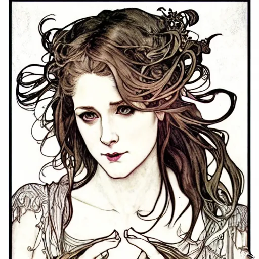 Image similar to in the style of artgerm, arthur rackham, alphonse mucha, evan rachel wood, symmetrical eyes, symmetrical face, flowing white dress, hair blowing, single face, warm colors