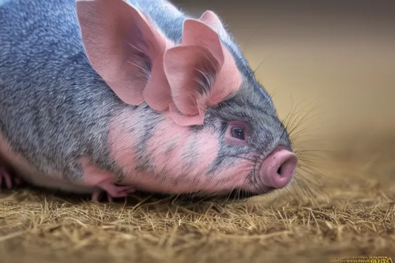 Image similar to a pig chinchilla!!! hybrid! hyper realistic!! realistic lighting!! wildlife photographer of the year!!! bold natural colors, national geographic, hd, wide angle, 8 k