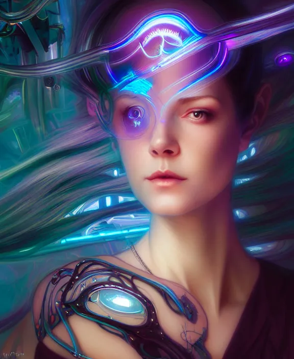 Image similar to a whirlwind of souls rushing inside the metaverse, hologram, half body, neurochip, shaved temple, piercing, jewelry, android, cyborg, cyberpunk face, by loish, d & d, fantasy, intricate, elegant, highly detailed, colorful, digital painting, artstation, concept art, art by artgerm and greg rutkowski and alphonse mucha