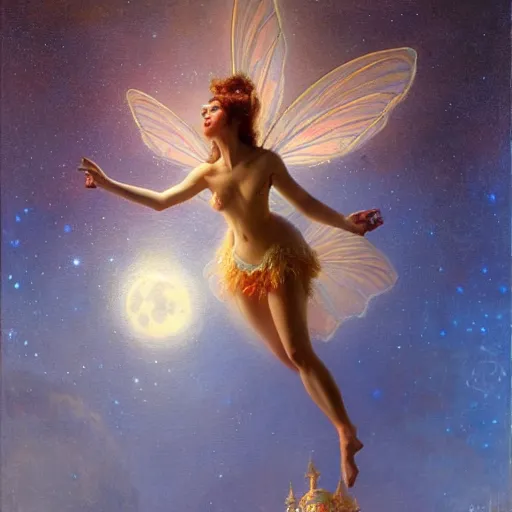 Image similar to attractive fairy magically floating high in the night, fantasy, full moon in background. highly detailed painting by gaston bussiere, craig mullins, j. c. leyendecker, sharp focus, 8 k