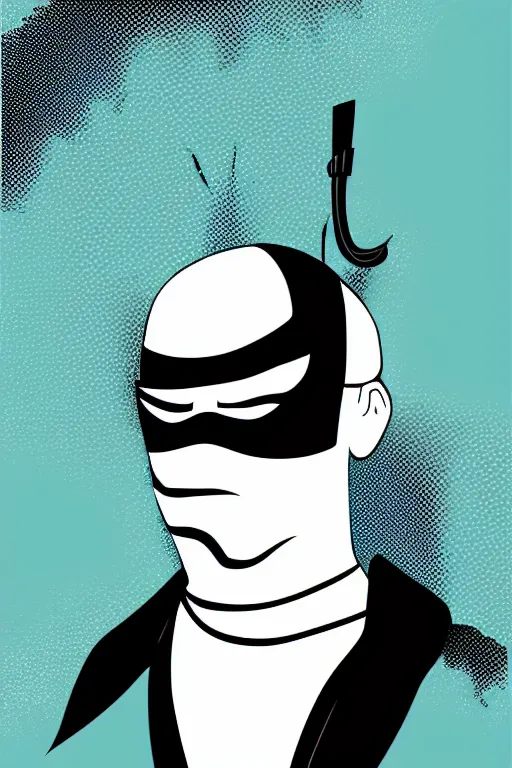 Image similar to a vector based illustration about a gangster ninja the style of pop art, negative space is mandatory, no gradients, black ink on white background, smooth curves, vector spline curve style