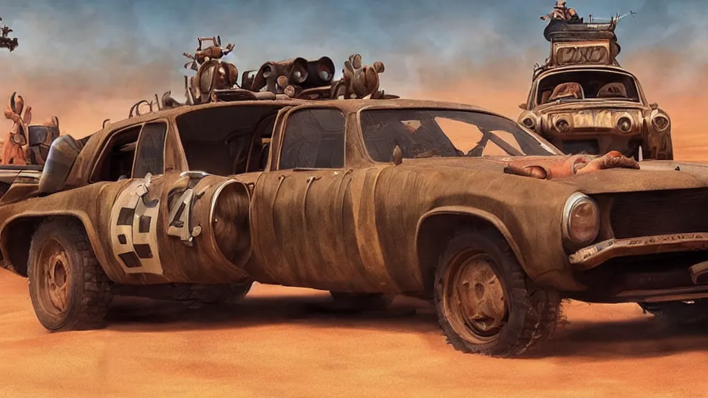 Prompt: mad max cars in a pixar disney movie