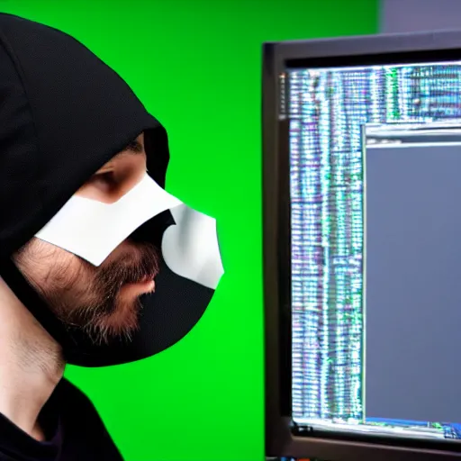 Image similar to realistic photo of hacker in anonymous mask, dark background, hood, computer, green screen, extremely detailed, sharp focus, masterpiece,