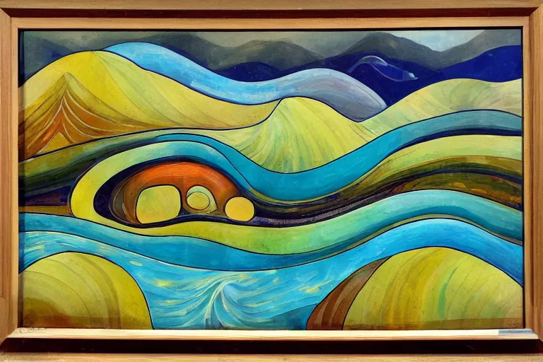 Image similar to A modernist landscape painting. Wild energy patterns rippling in all directions. Curves, zig-zags. Organic. Mountains. Clouds. Vegetation. Rushing water. Waves. LSD.
