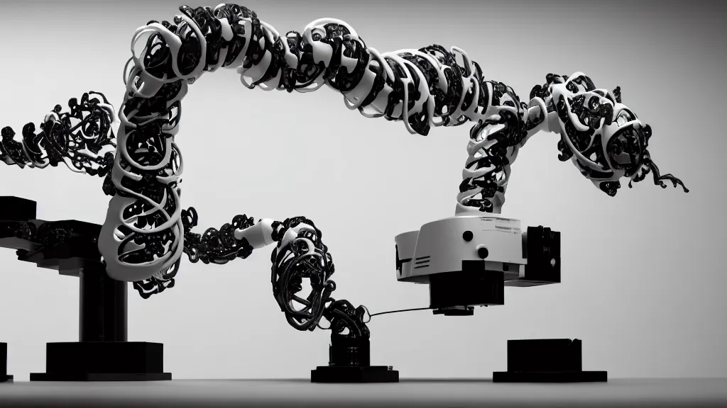 Image similar to a complex bifurcated robotic cnc surgical arm hybrid mri 3 d printer machine making swirling black and white ceramic mandlebulb mutant forms in the laboratory inspection room, film still from the movie directed by denis villeneuve with art direction by salvador dali, wide lens, f 3 2, cinematic lighting, studio quality, smooth render, unreal engine 5 rendered, octane rendered