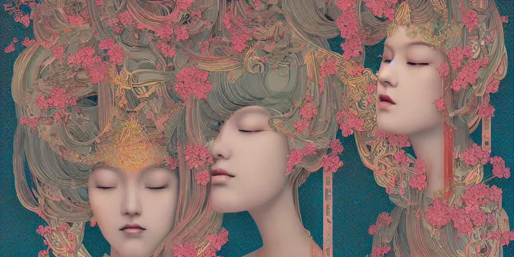 Image similar to breathtaking detailed concept art painting art deco pattern of blonde faces goddesses by hsiao - ron cheng, amalgamation flowers, bizarre compositions, kaleidoscope, exquisite detail, extremely moody lighting, 8 k